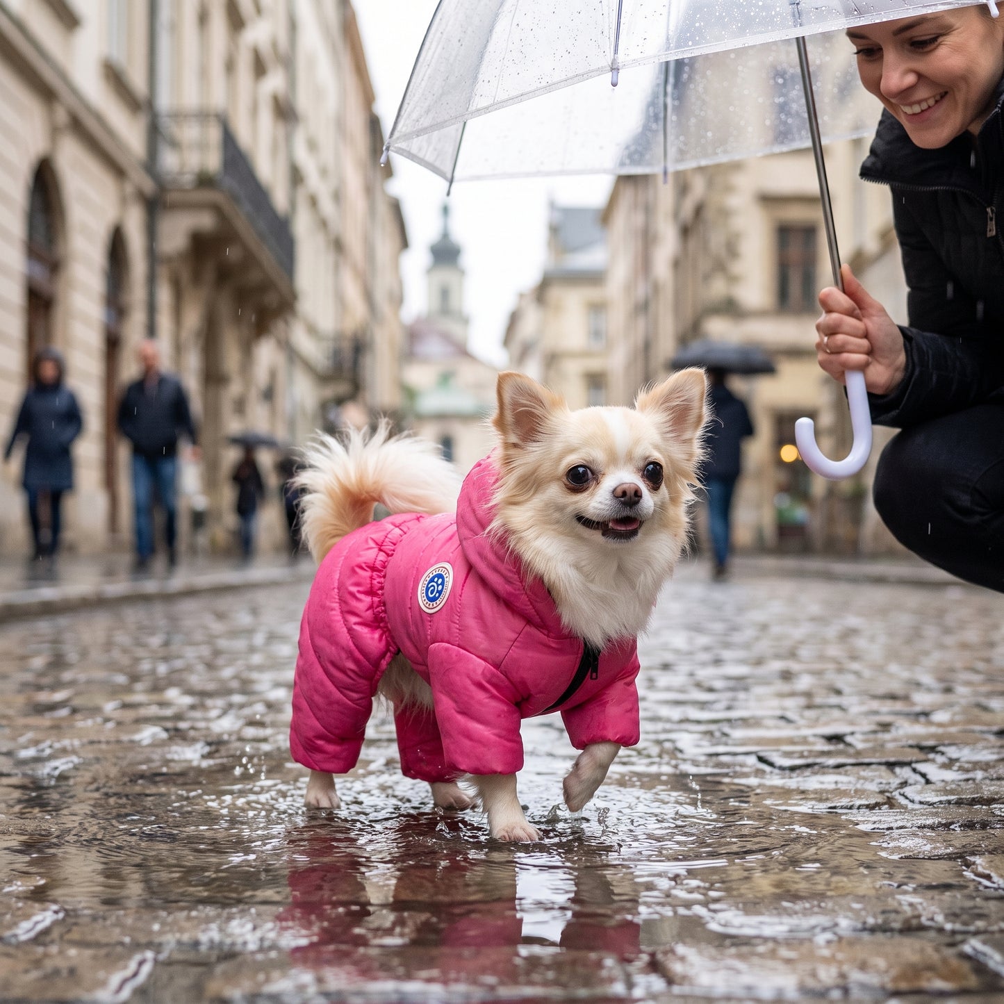 Waterproof Dog Jumpsuit Warm Winter Down Jacket | Windproof Hooded Puppy Coat with Leash Hole | Adjustable Outdoor Dog Suit