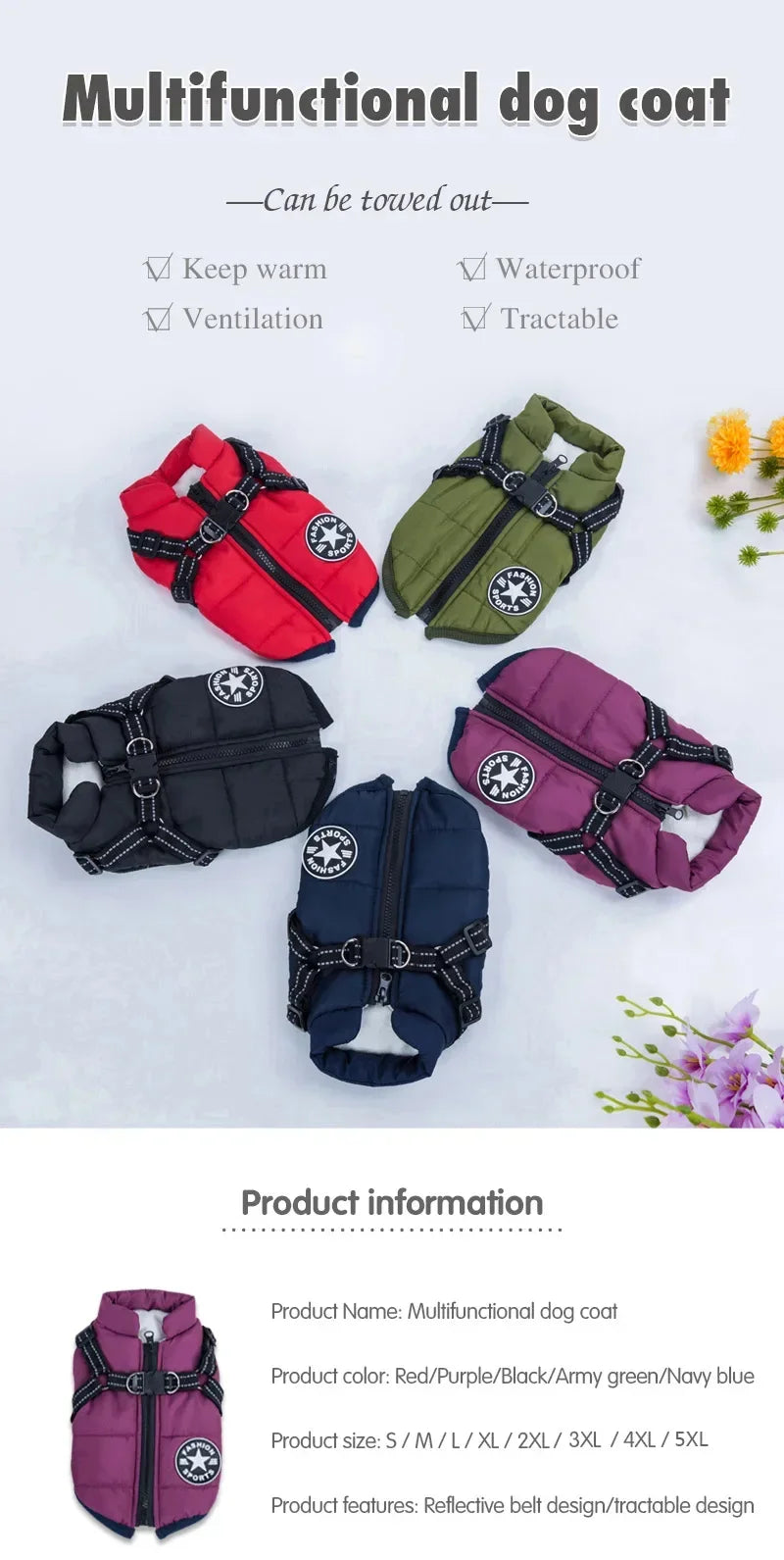 Waterproof Dog Jacket with Harness Winter Warm Dog Coat | Splash-Proof Pet Clothes for Labrador Golden Retriever French Bulldog Pug