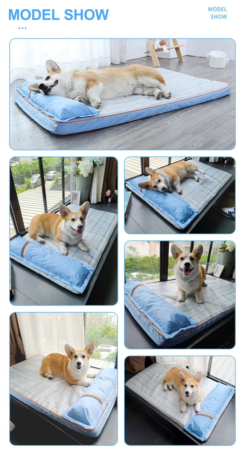 Summer Cooling Dog Bed For Large Medium Dog Puppy Orthopedic Memory Foam Mat With Pillow Breathable Waterproof Washable