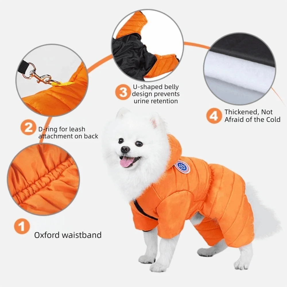 Waterproof Dog Jumpsuit Warm Winter Down Jacket | Windproof Hooded Puppy Coat with Leash Hole | Adjustable Outdoor Dog Suit
