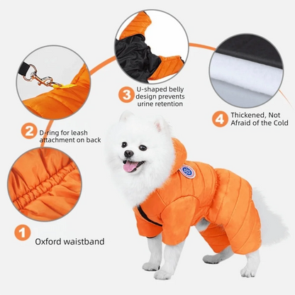 Waterproof Dog Jumpsuit Warm Winter Down Jacket | Windproof Hooded Puppy Coat with Leash Hole | Adjustable Outdoor Dog Suit